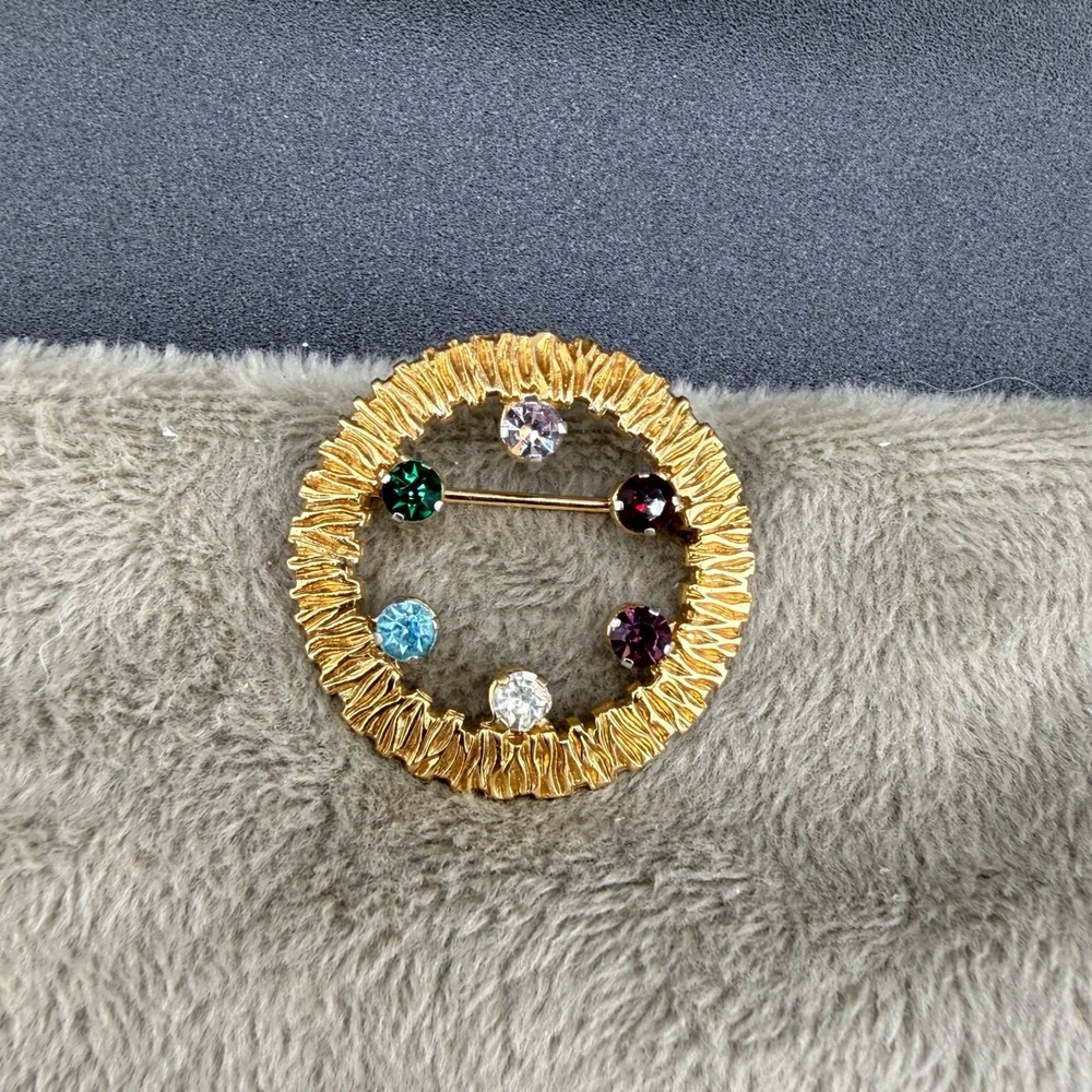 Vintage‎ Anson Brooch Gold Tone Multi Color Rhinestone